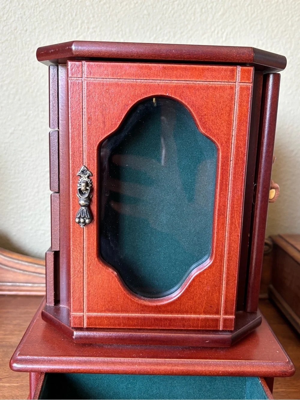Spinning wood jewelry box drawers mirror